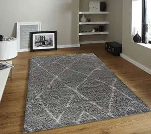 Modern Grey-540 Geometric Marrakesh Shaggy Area Rug, Hallway Carpet Runner - 160x230 cm