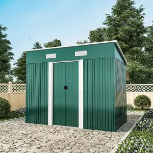 8 x 4 ft Pent Metal Garden Shed Outdoor Storage Shed with Lockable Door and Base Frame, Dark Green