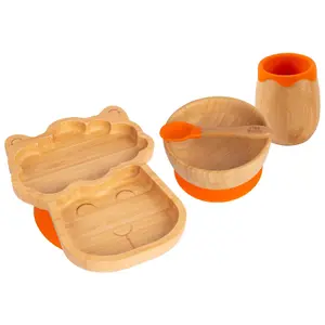 Tiny Dining - Llama Bamboo Suction Baby Feeding Set - Orange - 4pc