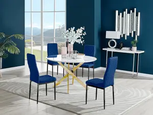 Furniturebox UK Novara White Gloss Gold Leg 120cm Round Dining Table & 4 Navy Velvet Milan Black Leg Chairs