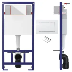 Concealed 1.12m Wall Hung Toilet Cistern Frame Adjustable WC Unit & White Square Flush Plate