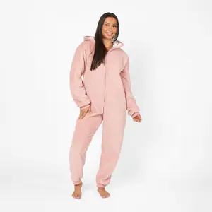 OHS Soft Fleece Onesie Hooded Loungewear Pyjamas, Blush - Small