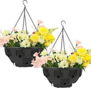 Set of 2 Easy Filling Hanging Baskets Planters - 15Inch Black with Chain for Indoor and Outdoor Garden Balcony Porch Patio Décor