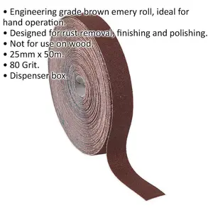 Engineers Brown Emery Roll - 25mm x 50m - Rust Removal & Polishing - 80 Grit