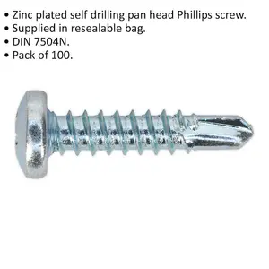 100 PACK 4.2 x 19mm Self Drilling Phillips Pan Head Screw - Zinc Plated Fixings