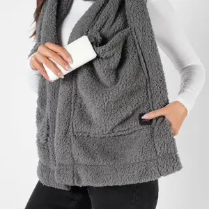 OHS Teddy Fleece Scarf Long Heated Pockets Warm Wrap Shawl, Charcoal - One Size