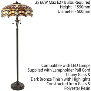 1.5m Tiffany Twin Floor Lamp Dark Bronze & Opulent Stained Glass Shade i00028