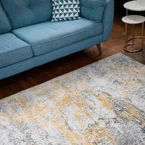 Silver Grey Ochre Distressed Abstract Area Rug 80x150cm