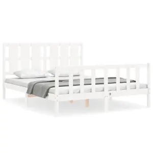 Berkfield Bed Frame with Headboard White King Size Solid Wood