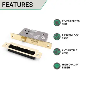 EAI Bathroom Lock 80mm / 57mm Backset PVD BRASS for Internal Wooden Bathrooms Accepts 5mm Square Spindle CE UKCA & Fire Door App