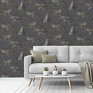 Grandeco Grey Woven effect Leopard Embossed Wallpaper