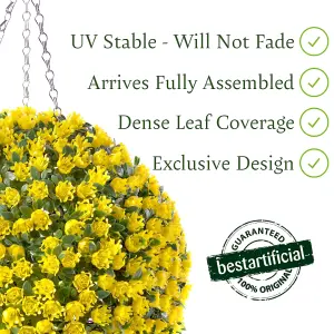 Pair of Best Artificial 28cm Yellow Rose Hanging Basket Flower Topiary Ball - Suitable for Outdoor Use - Weather & Fade Resistant