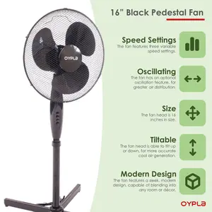 Oypla Electrical 16" Oscillating Black Extendable Free Standing Tower Pedestal Cooling Fan