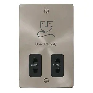 Flat Plate Satin / Brushed Chrome Shaver Socket 115v/230v - Black Trim - SE Home