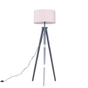 ValueLights Willow Large Modern Grey Wood and Metal Tripod Design Floor Lamp with Pink Shade