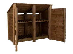 Wooden log store (roof sloping back) with door and kindling shelf W-146cm, H-126cm, D-88cm - brown finish