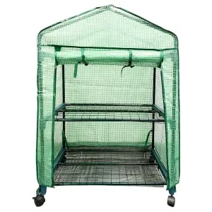 Mini Greenhouse with Shelves, PVC Cover & 4 Wheels - Portable Foldaway Outdoor Garden Wheeled Grow House - H93 x W69 x D49cm