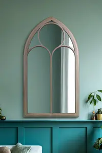 MirrorOutlet The Somerley Rustic Metal Chapel Arched Decorative Mirror Stone Colour 111CM X 61CM