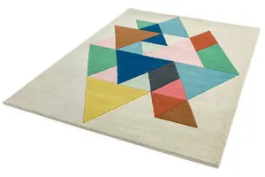 Multicoloured Wool Handmade Luxurious Modern Chequered Geometric Rug Easy to clean for Living Room and Bedroom-120cm X 170cm