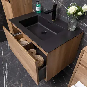 Matterhorn Natural Oak Wall Hung Bathroom Vanity Unit with Black Basin (W)750mm (H)450mm