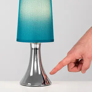 ValueLights Pair of - Small Chrome Touch Table Lamps with Teal Fabric Shades With 5w LED Dimmable Candle Bulbs In Warm White