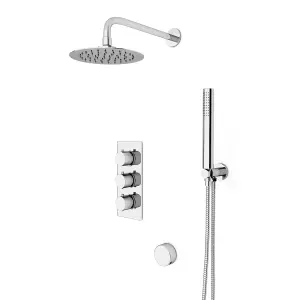 Flora Round 3 Way Concealed Thermostatic Shower Mixer Valve, Shower Head, Handset, Bath Filler Set Chrome