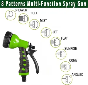 Heavy-Duty Metal Garden Hose Hanger Set with 8-Pattern Spray Gun & Double Male Hose Connector - Rustproof Wall-Mounted Storage.