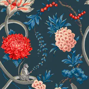 Belgravia Décor Forbidden Fruit Monkey Blue Smooth Wallpaper