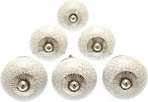 MangoTreeKnobs White Crackle Round Ceramic Door Knobs Vintage Shabby Chic Cupboard Drawer Pull Handles Set of 6