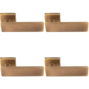 4 PACK - Premium Large Flat Door Handle Set - Antique Brass Designer Lever on Square Rose