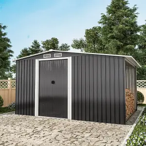 8 x 6 ft Metal Shed Garden Storage Shed Apex Roof Double Door with 6.7 x 2.1 ft Log Store, Black