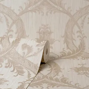 Damask Wallpaper Fine Décor Textured Heavyweight Vinyl Cream Gold Glitter