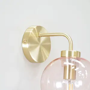 ValueLights Frenchie Brushed Gold Metal Wall Light with Pink Tinted Glass Globe Shade - LED Bulb Included