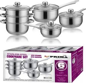 6pc Cookware Set Saucepan Frying Pan Stainless Steel Pots Non Stick Glass Ceramic New