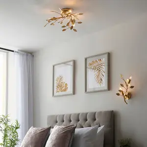 Gold Leaf Twin Wall Light - 2 Bulb Decorative Sonce Fitting - Leaves Design