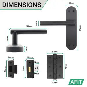 AFIT Matt Black Door Handle Latch Set - 4 Pairs of Internal T-Bar Handles with Hinges (76mm) & Latches (64mm) - Olvera Range