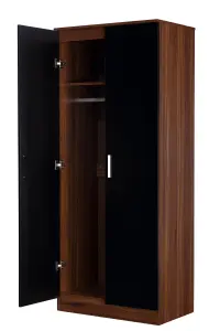 REFLECT 2 Door Plain Wardrobe in Gloss Black Door Fronts and Walnut Carcass