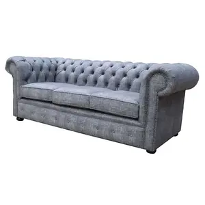 Chesterfield Handmade 3 Seater Sofa Maya Charcoal Grey Fabric In Classic Style