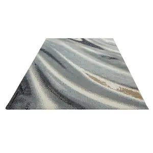 Ivory Grey Blue Abstract Polyester Modern Bedroom, LivingRoom Rug - 200cm X 290cm