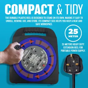 4 Way 25M Cable Extension Reel Lead Mains Socket Heavy Duty 13 Amp - Home, Office, Garden - Safety Cut Out