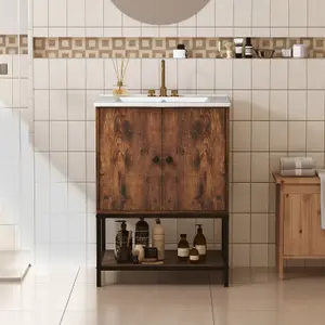 COSTWAY Bathroom Vanity Unit with Basin Rustic Floor Basin Cupboard Ceramic Sink