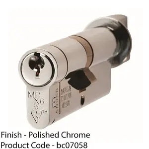 90mm EURO Cylinder Lock & Thumb Turn 6 Pin Polished Chrome Fire Rated Barrel