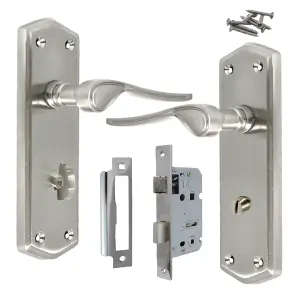 Door Handle SATIN Stellar Bathroom Handle Shaped Backplate + Bath Lock.