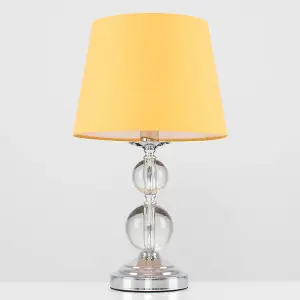 ValueLights Gatto Chrome & Acrylic Ball Touch Table Lamp with Mustard Tapered Light Shade - with 5w LED Candle Bulb In Warm White