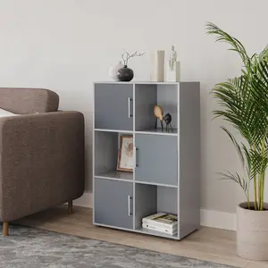 URBNLIVING 91cm Height 6 Cube Bookcase Grey Wood Door Metal Handle Display Storage Shelf