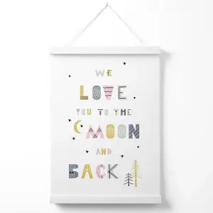 Cute Love you to the Moon Pink Scandi Quote Poster with Hanger / 33cm / White