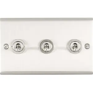 3 Gang Triple Retro Toggle Light Switch SATIN STEEL 10A 2 Way Lever Wall Plate