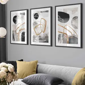 Abstract Black Grey & Gold Shapes Set of 3 Prints Wall Art / 42x59cm (A2) / Black Frame