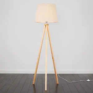 ValueLights Barbro Modern Light Wood Tripod Design Floor Lamp with Beige Tapered Shade - Includes 6w LED GLS Bulb 3000K Warm White