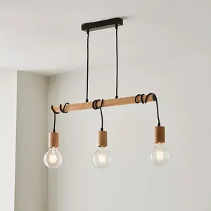 Luminosa Sven Bar Pendant Ceiling Lamp, Matt Black, Natural Wood